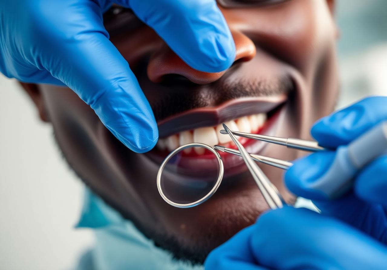 Gloved hands holding dental instruments
